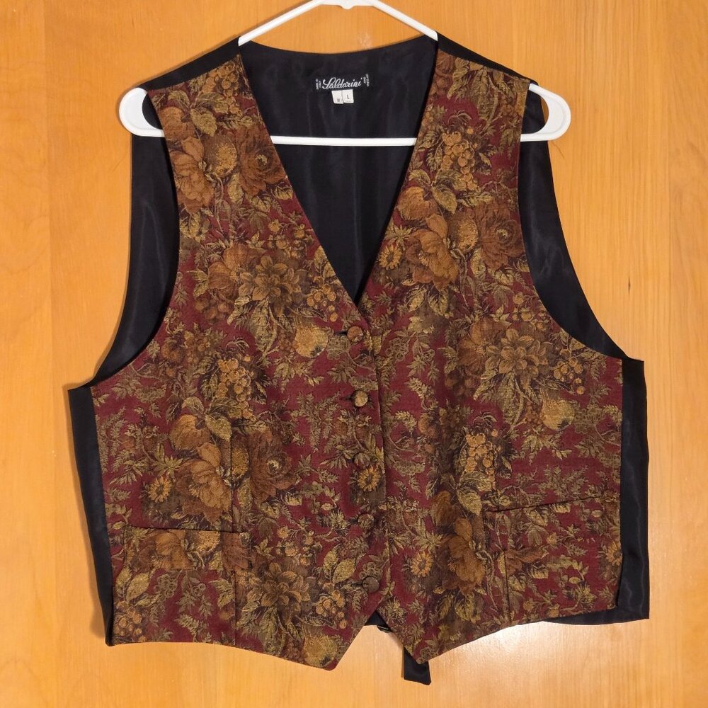 Saldarini Silk Wool Button Up Vest Sz M/L Gold Red Floral Brocade Made in Italy
